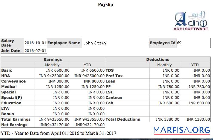 Blank India ADHI Software company payslip real example
